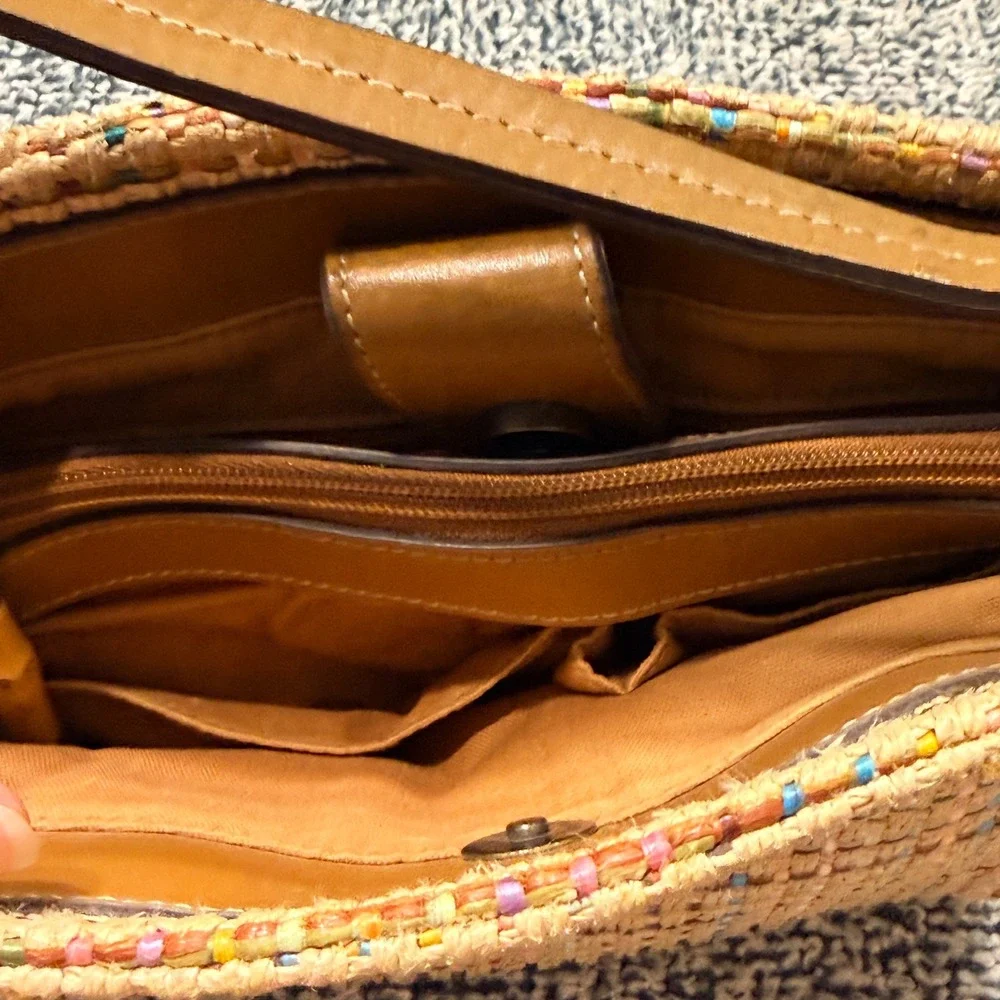 Fossil Multi-Color Woven Straw Leather Trim Shoulder Bag Tan Plaid Handbag